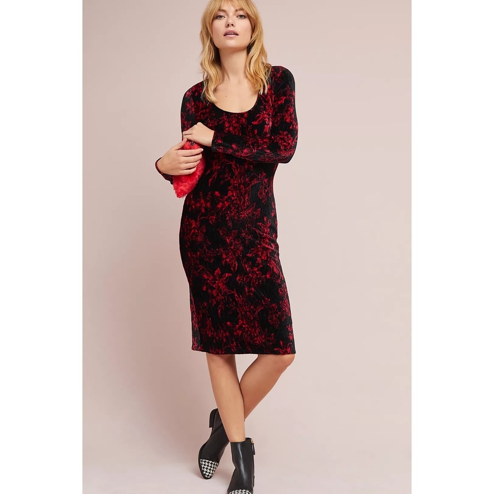 Anthropologie HD in Paris Red Floral Dierdre Velvet Column Midi Dress